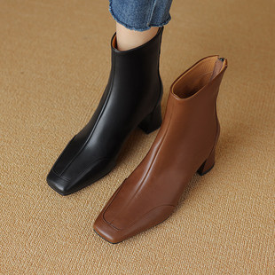 5cm【34-40码】复古粗跟高跟瘦瘦靴秋冬新款真皮短靴女方头马丁靴