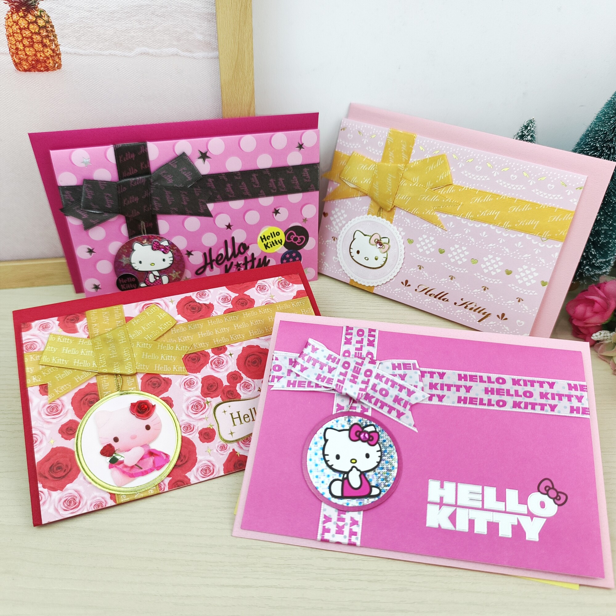 台湾萌创意凯蒂猫卡片HelloKitty祝福生日感谢万用缎带KT控贺卡