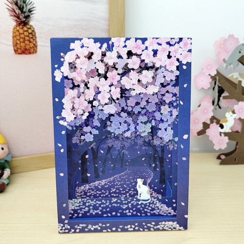 唯美猫咪樱花道祝福贺卡
