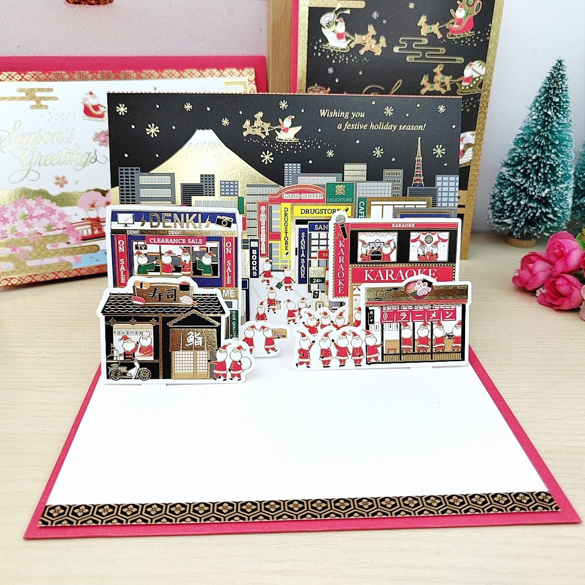 日本授权创意3d立体圣诞节贺卡和风樱花黑金祝福卡片圣诞老人逛街