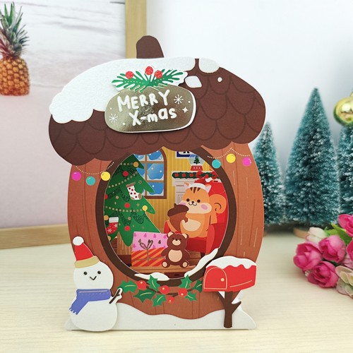 韩式治愈平安夜礼物小松鼠立体祝福卡片创意快乐圣诞橡果屋3D贺卡