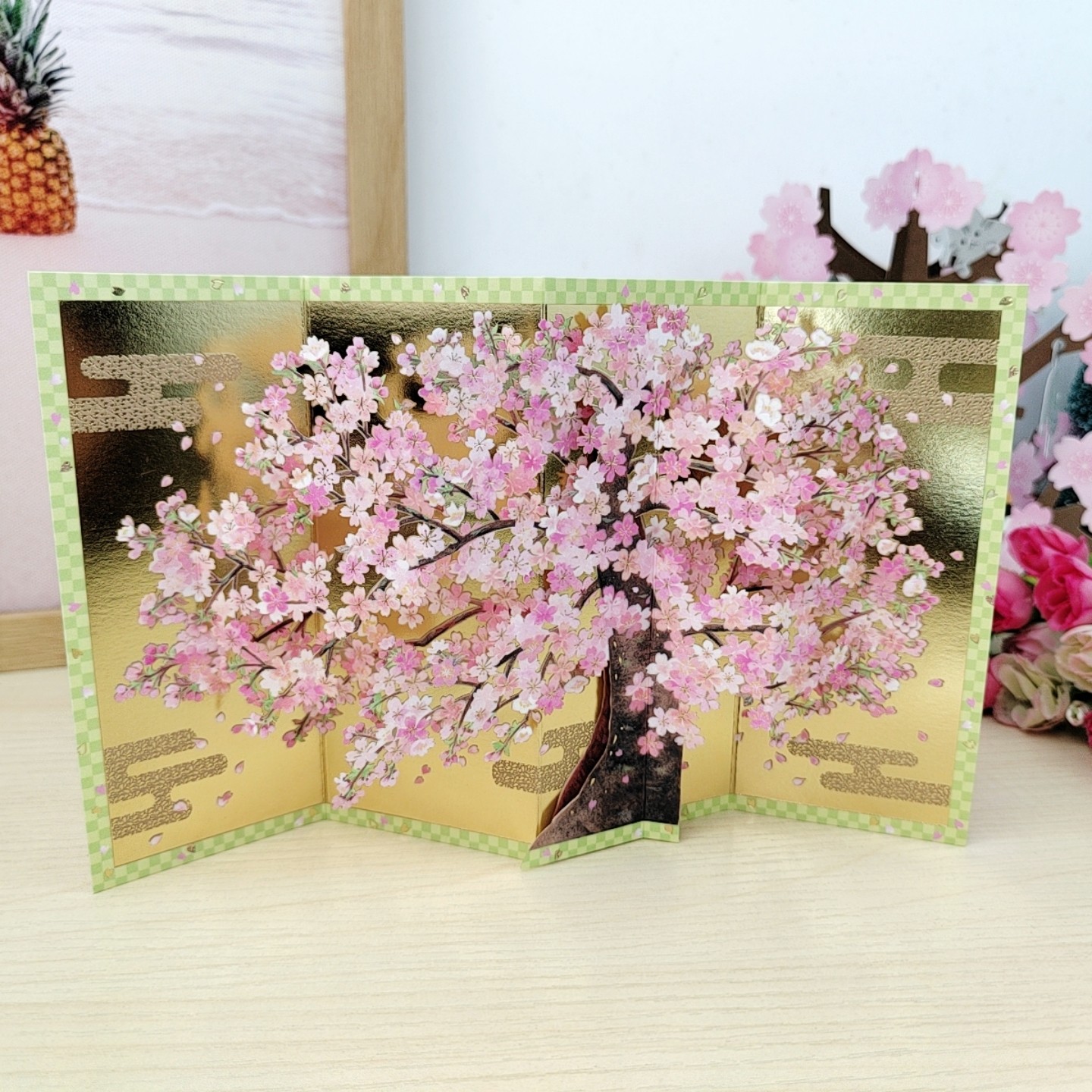日本和风创意春天感谢老师谷美背景卡精致樱花金色屏风立体贺卡