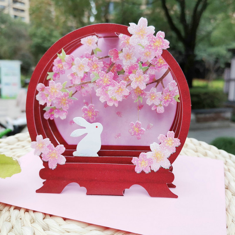 创意樱花与兔立体祝福贺卡