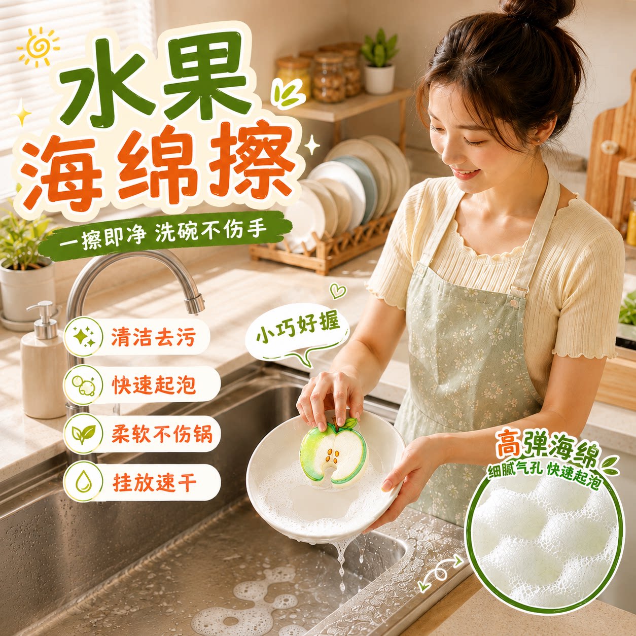 新款水果洗碗海绵擦家用厨房洗锅刷清洁神器易清洗吸水加厚百洁布