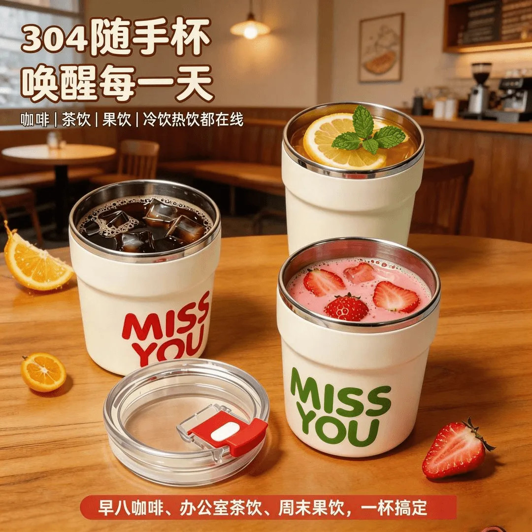 咖啡杯外出携带304不锈钢随手杯高颜值家用办公室隔热水杯随行杯