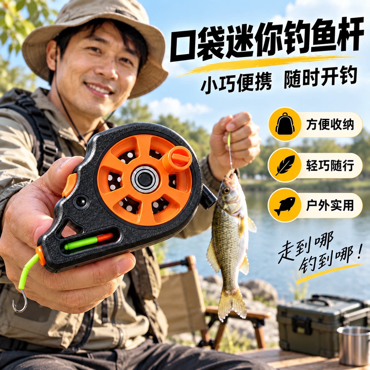 便携口袋迷你无杆小钓鱼神器公园钓蟹户外渔轮初学者新手入门渔具