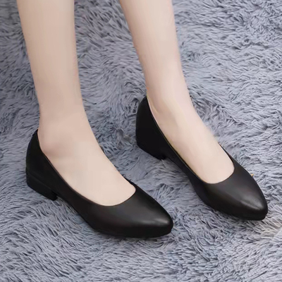 头层牛皮浅口黑色粗跟空姐工作鞋