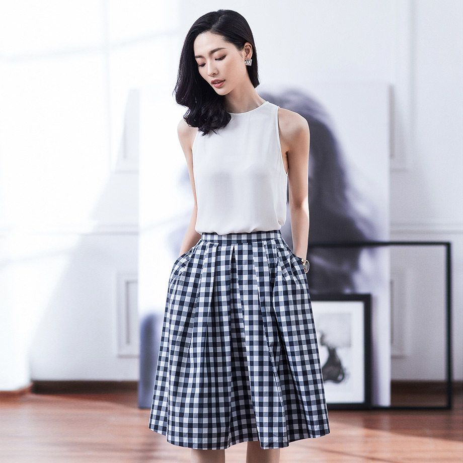 尘颜夏季OL复古宽松中裙通勤ol风格格子印花大摆半身裙B955|msdalam kategori Butik wanita / wanita, skirt - dari Buy2taobao.com untuk memberikan perkhidmatan ejen Taobao profesional membeli