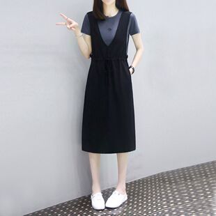 欧洲站夏装新款中长宽松显瘦假两件套背带裙子休闲连衣裙女