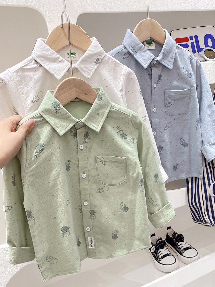 男童长袖衬衫2024春装韩版童装儿童印花卡通棉磨毛上衣衬衣纯棉潮