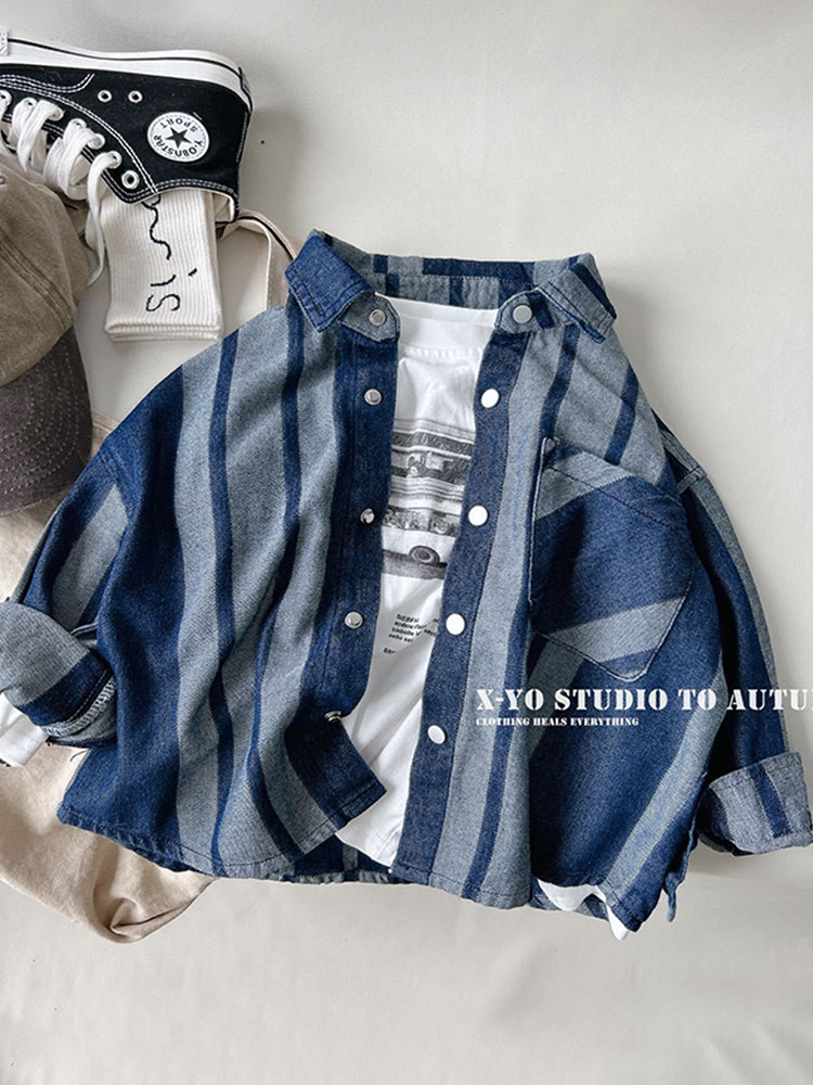 男童牛仔衬衫长袖春装2026新款翻领休闲上衣男孩春秋款儿童外套潮