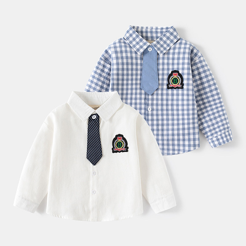 男童长袖衬衫纯棉秋季新款韩版宝宝刺绣洋气领带儿童翻领衬衣薄款