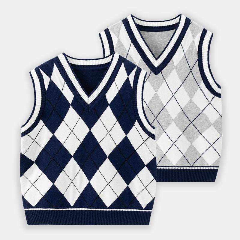 学院风男童针织马甲菱格春秋季女童毛衣背心棉线衣中大童马夹坎肩