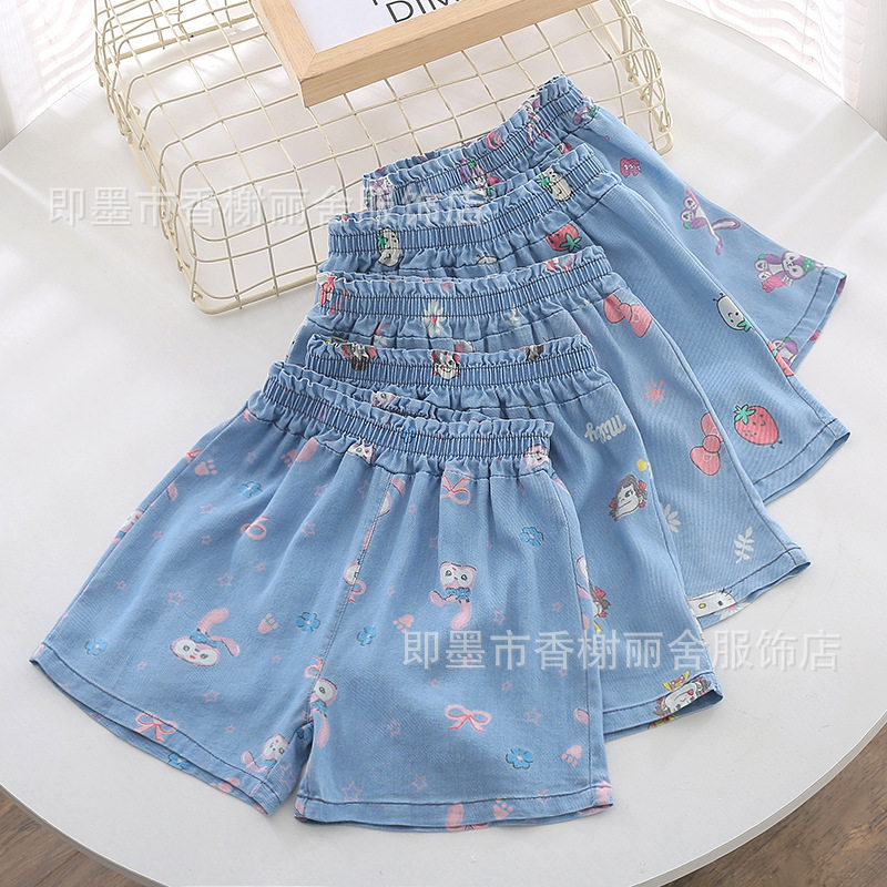 女童天丝短裤2025夏款中大童满印荷叶腰薄款百搭洋气三分牛仔裤子