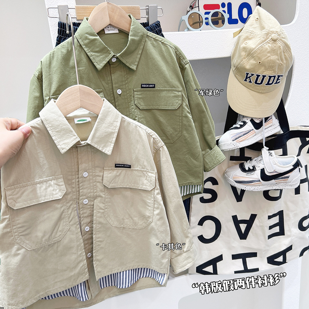儿童衬衫春秋季新款韩版男童纯棉长袖衬衣拼接假两件休闲薄外套潮