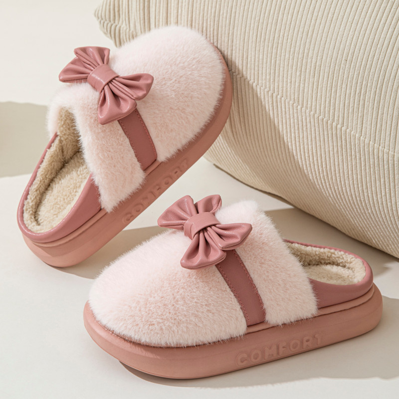 蝴蝶结棉拖鞋女秋冬季室内家居防滑厚底毛绒毛鞋保暖轻便网红仙女