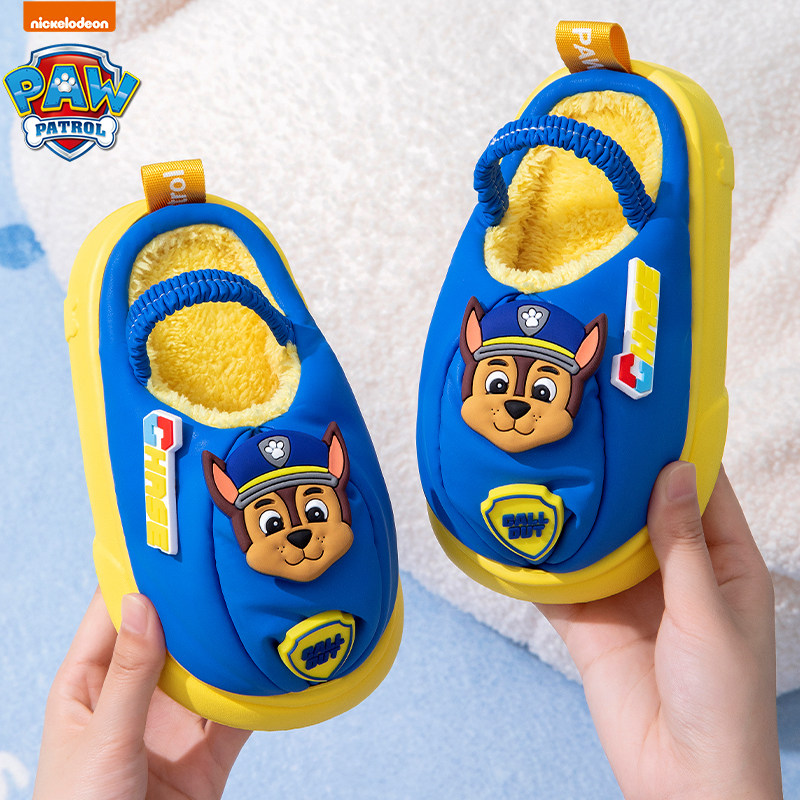 防水卡通加绒宝宝棉鞋小童毛鞋带后跟汪汪队男女童冬季棉拖鞋防滑
