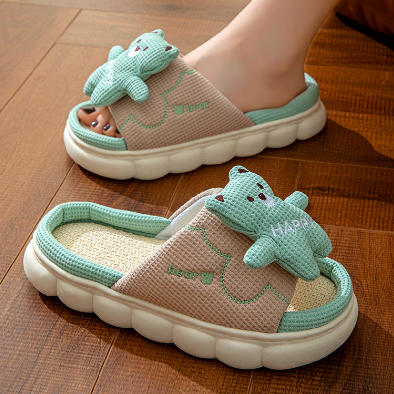 地板静音保暖客厅棉布拖鞋新款亚麻拖鞋男女情侣室内可爱露趾开口