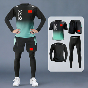 中国国家队运动套装男女春季速干健身房撸铁训练紧身衣四件套定制