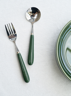 半村 墨绿色 陶瓷厚手柄不锈钢圆头 甜品勺 小众莫兰迪 主餐叉勺