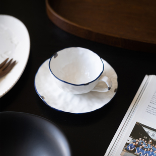 做旧蓝边水杯 半村 经典 手捏感咖啡杯 陶瓷拿铁咖啡杯碟 手工复古