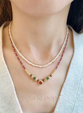 SparkLoops 紫牙乌 1月生辰石天然紫牙乌石榴石祖母绿项链/锁骨链