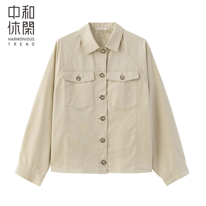 中和休闲女装衬衫外套秋季时尚百搭纯色工装袋短款薄夹克a6116016