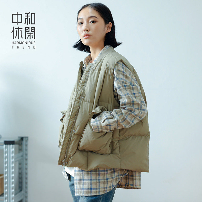 中和休闲宽松棒球领马甲女