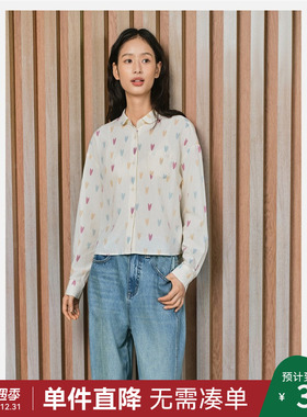 中和休闲长袖衬衫女2025秋季新款文艺个性印花宽松显瘦短款衬衫