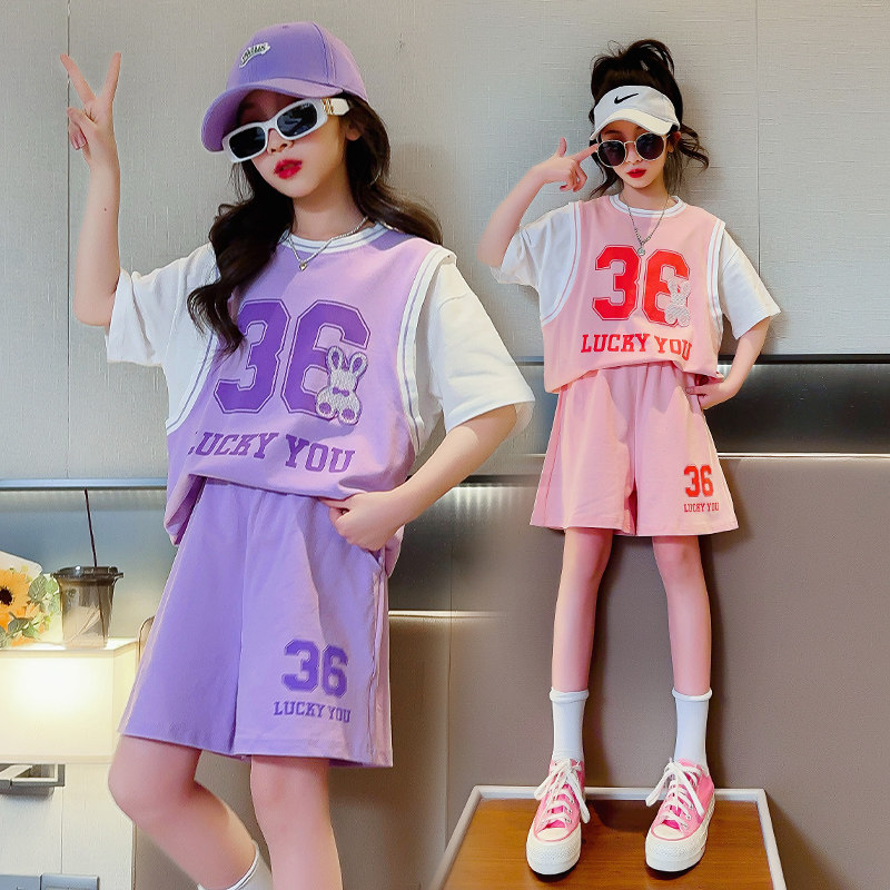 女童球服儿童篮球服夏季中大童球衣女孩薄款t恤假两件学生运动套6
