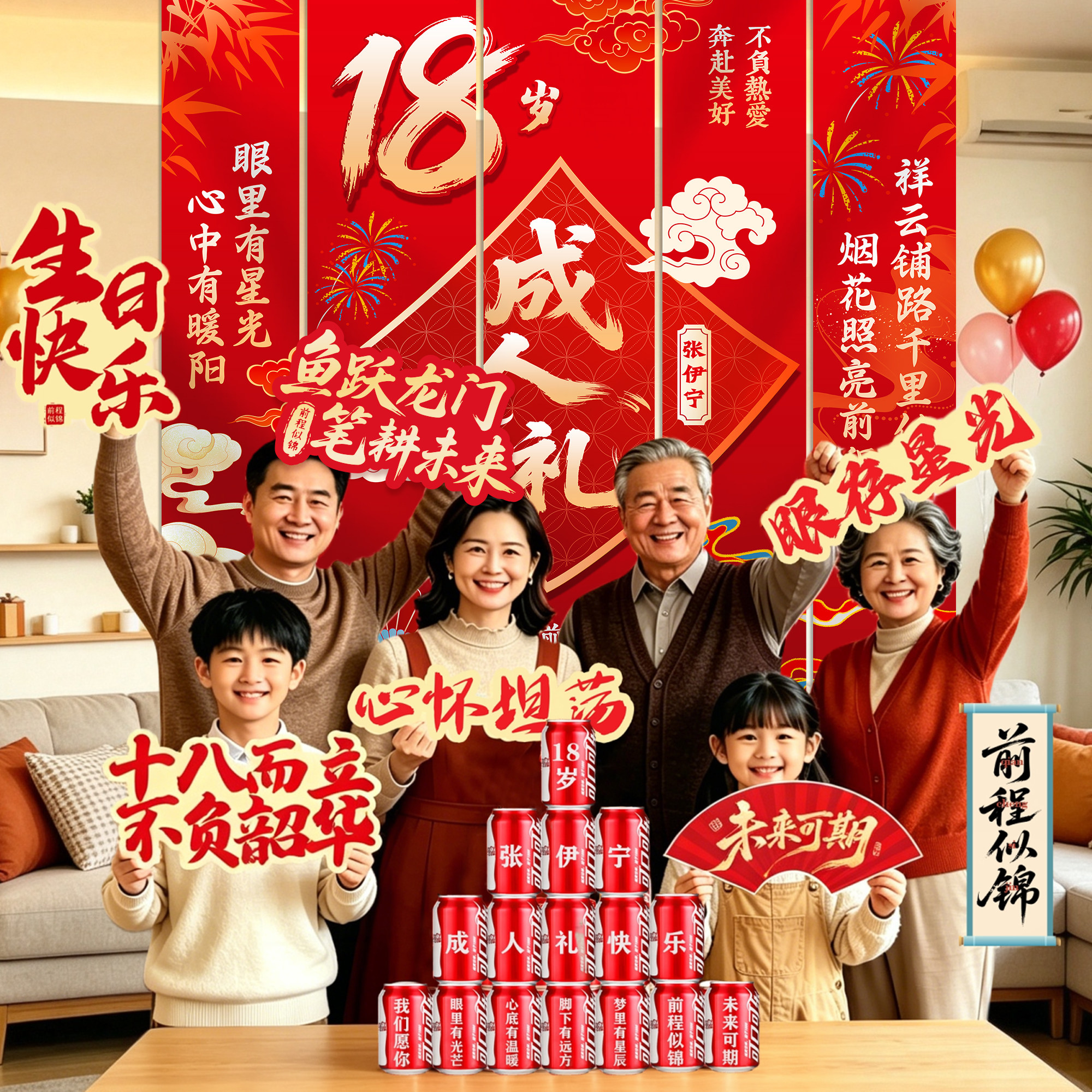 18岁成人礼中式红条幅背景墙图片
