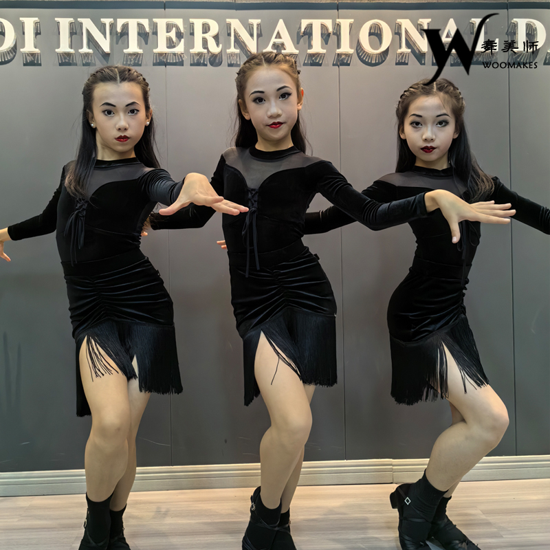 WMS拉丁练功服丝绒套装纱网流苏