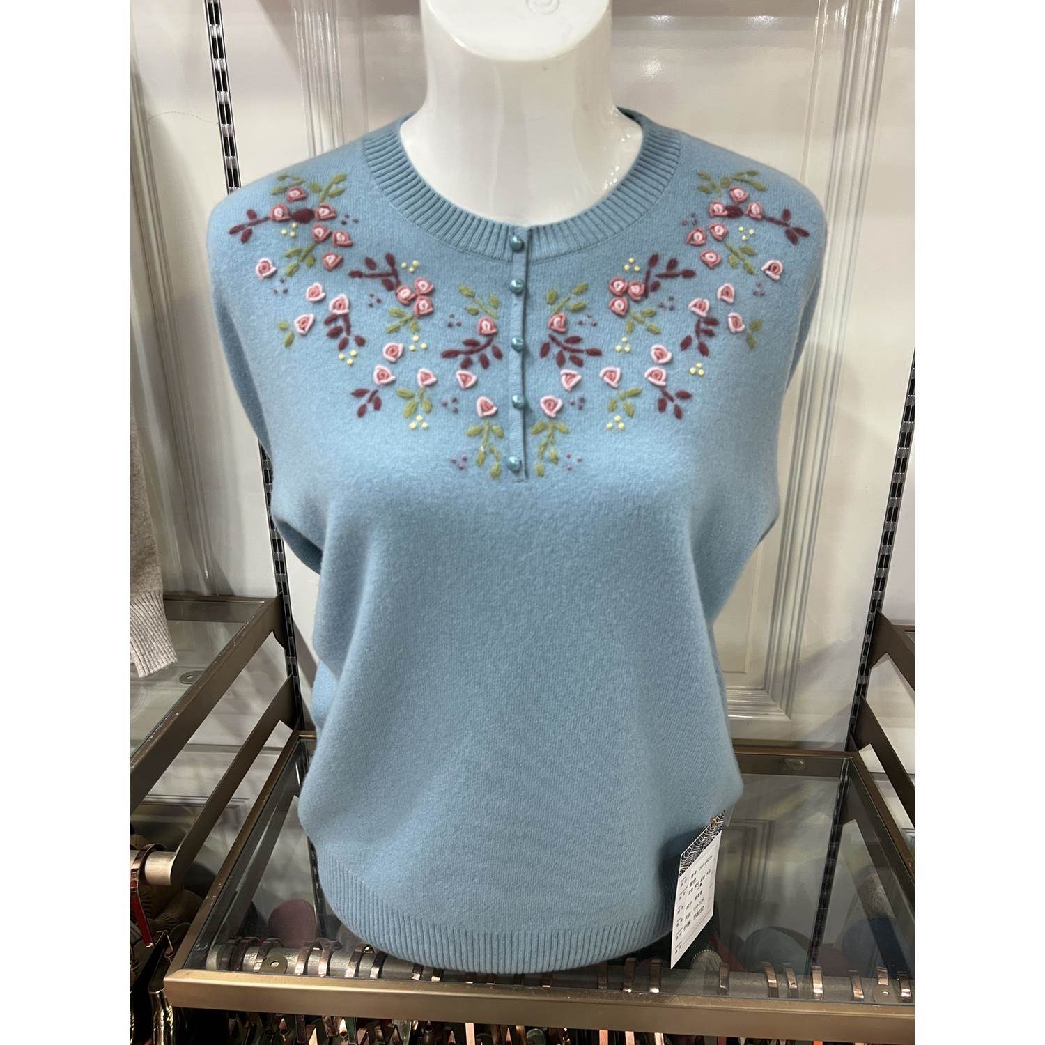 100纯羊毛衫女妈妈装圆领绣花针织上衣打底衫毛衣女秋冬2022新款