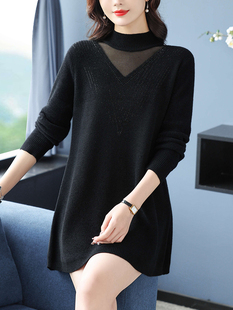 加大码女装秋冬半高领羊毛衫中长款黑色打底衫胖mm宽松毛衣针织衫