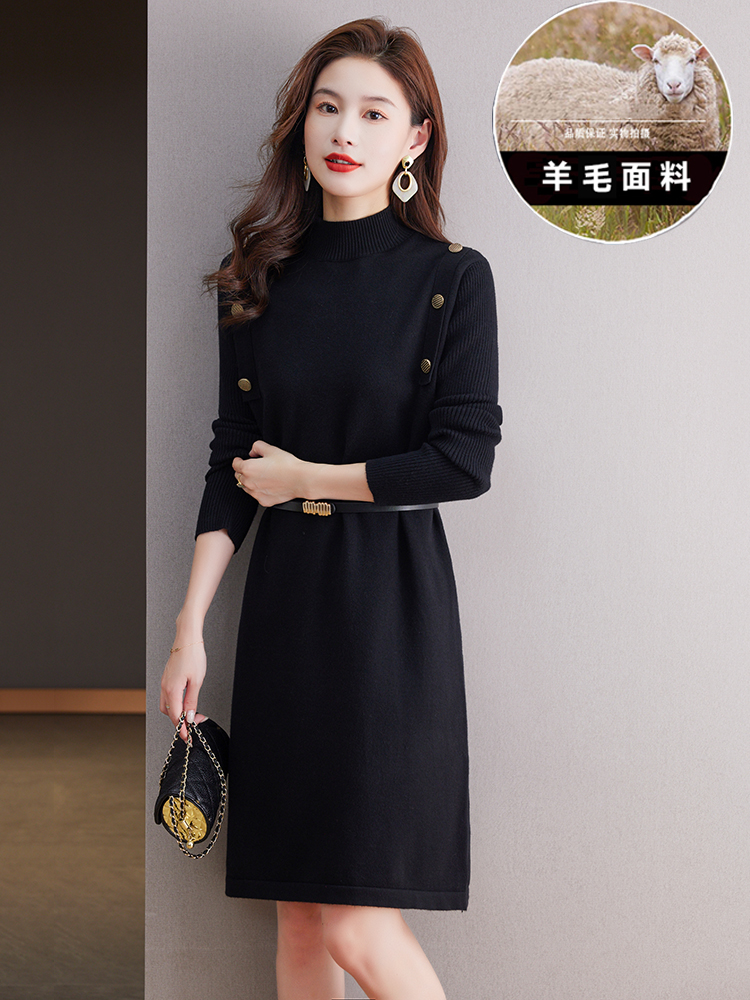 配大衣毛衣裙女中长款秋冬新款小个子气质显瘦羊毛针织打底连衣裙