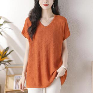 女中长款 冰丝短袖 宽松200斤V领薄针织T恤遮肚上衣 特大码 胖mm夏季