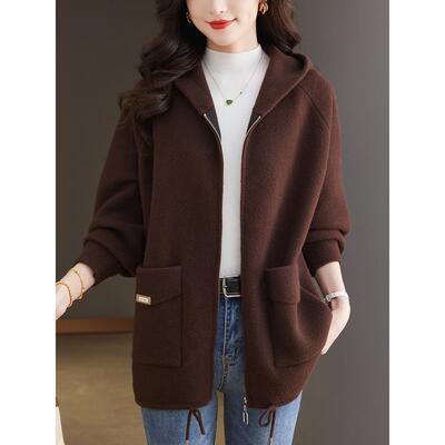 加肥加大码女装秋冬毛呢外套女宽松休闲中年妈妈双面羊绒大衣连帽