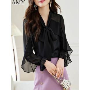 2025秋季新款飘逸蝴蝶结黑色雪纺衬衫气质上衣高级V领薄款衬衣女