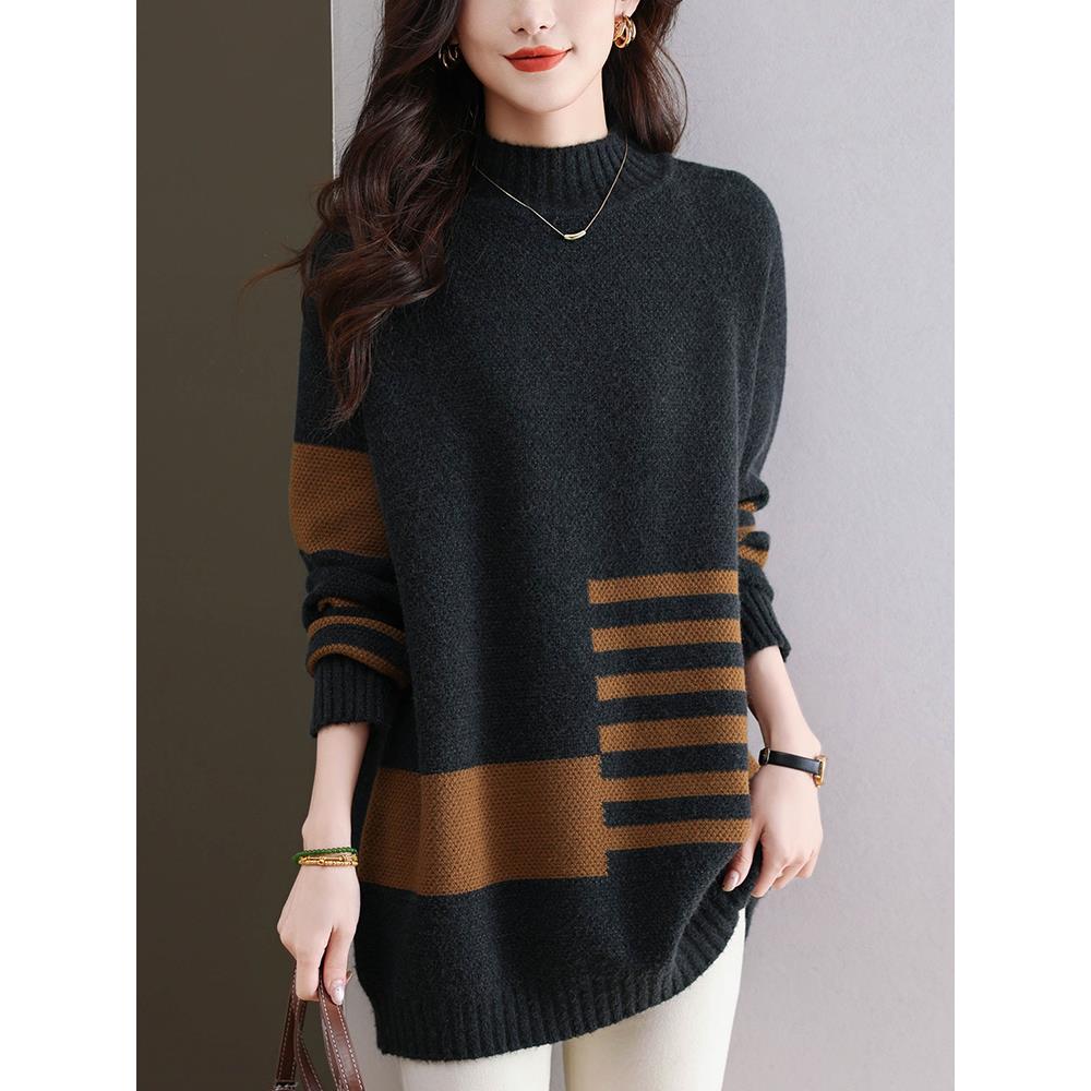 胖妈妈秋冬中长款羊毛衫宽松半高拼色毛衣加肥大码内搭针织打底衫