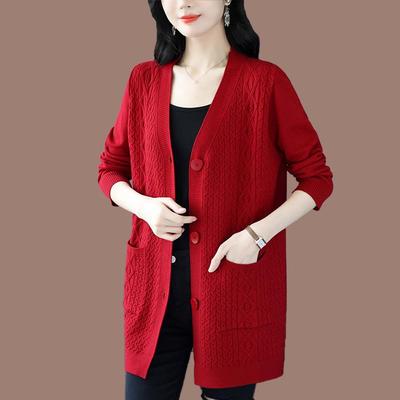 秋季中长款针织开衫女宽松红色毛衣外套春秋妈妈装外搭Vv领羊毛衫