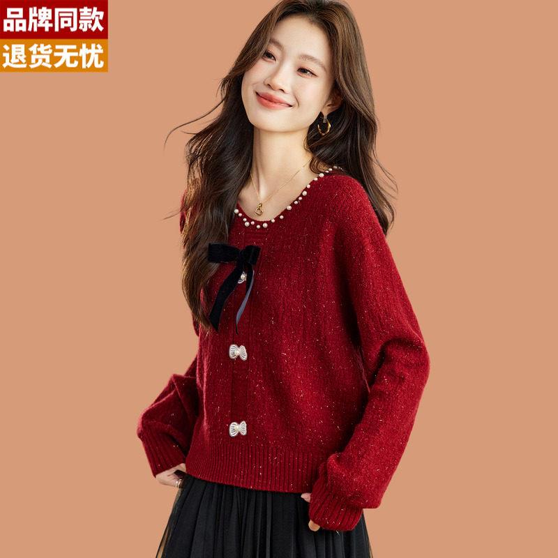氛围感红色蝴蝶结钉珠毛衣女秋冬外穿2025新款短款内搭羊毛打底衫