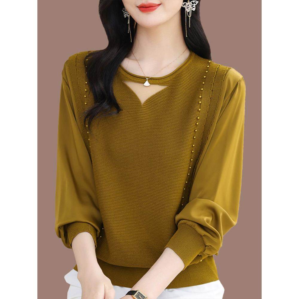 妈妈装春秋新款桑蚕丝针织衫女宽松大码洋气圆领上衣遮肚长袖T恤