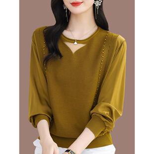 洋气圆领上衣遮肚长袖 妈妈装 女宽松大码 桑蚕丝针织衫 T恤 春秋新款