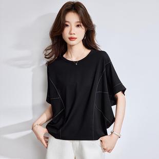 2025夏日新款真丝桑蚕丝黑色t恤短袖女夏薄款轻奢高级感拼接上衣