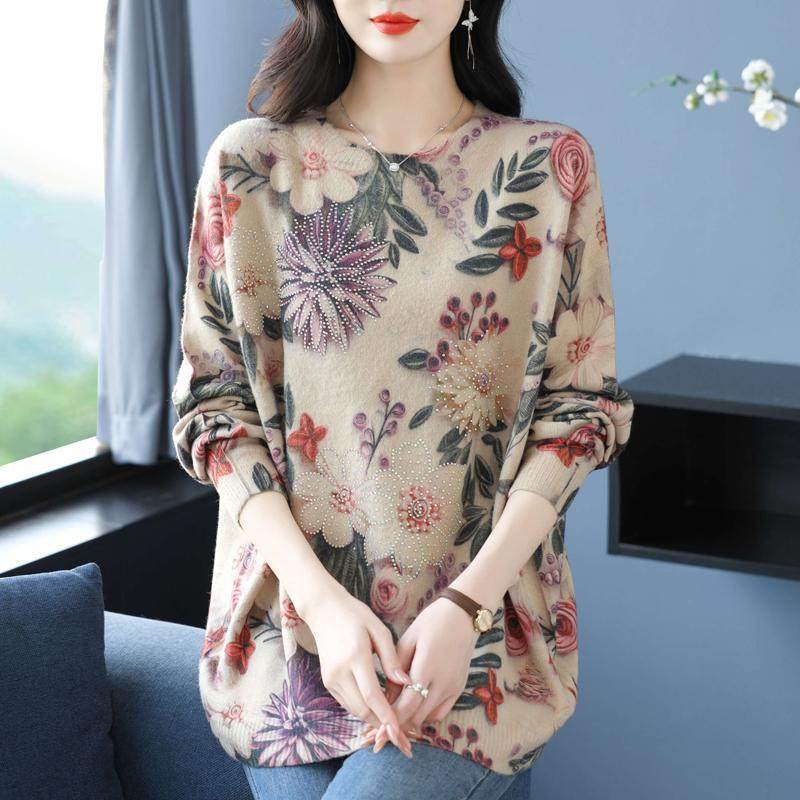 胖妈妈特大码圆领毛衣秋冬季洋气花色宽松加肥遮肉羊毛衫女200斤