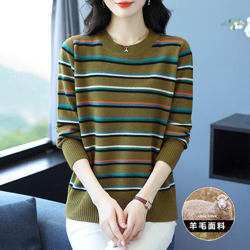 条纹羊毛针织衫2024秋冬新款毛衣中年妈妈女宽松大码遮肚子打底衫图片