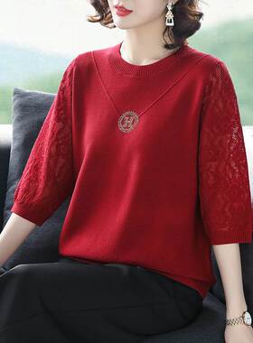 中年妈妈春装七分袖t恤女2025新款冰丝针织衫宽松本命年红色上衣