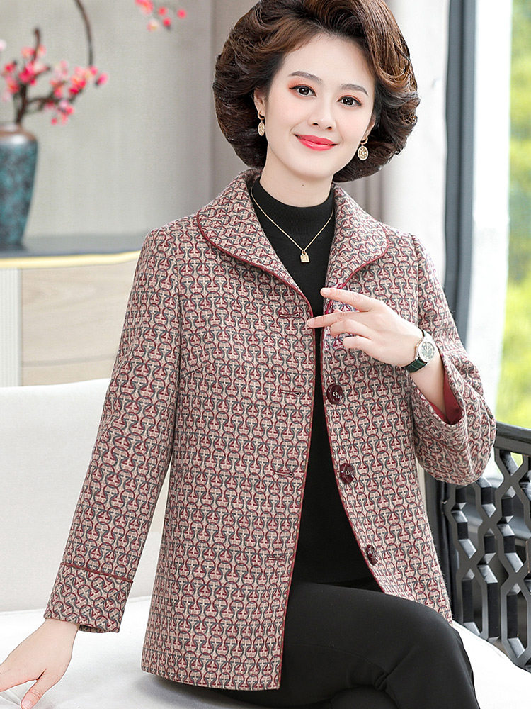 新款中老年女士秋装呢子上衣洋气格子开衫中年妈妈春秋毛呢外套女