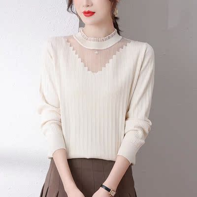 大码女装2025新款春秋款上衣半高领毛衣薄款内搭蕾丝针织打底衫女
