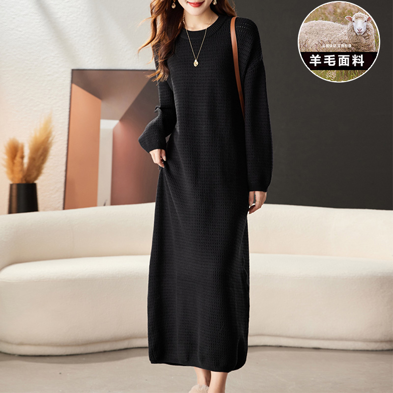 大码羊毛长袖连衣裙子女2023秋冬季新款宽松针织超长款羊绒毛衣裙